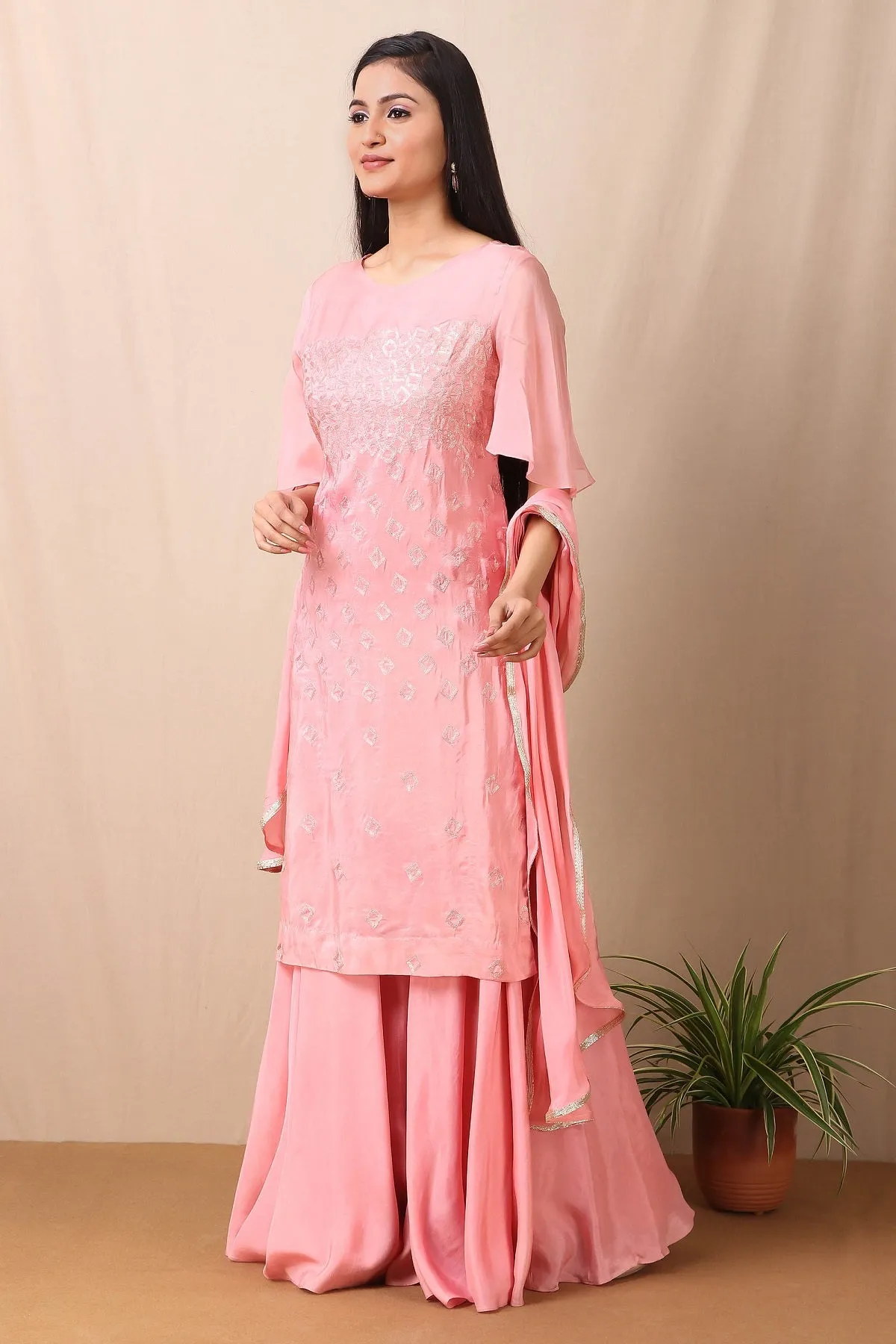 50Z417-RO Pink Upadda Silk with Satin Organza Sharara and Tabby Dupatta