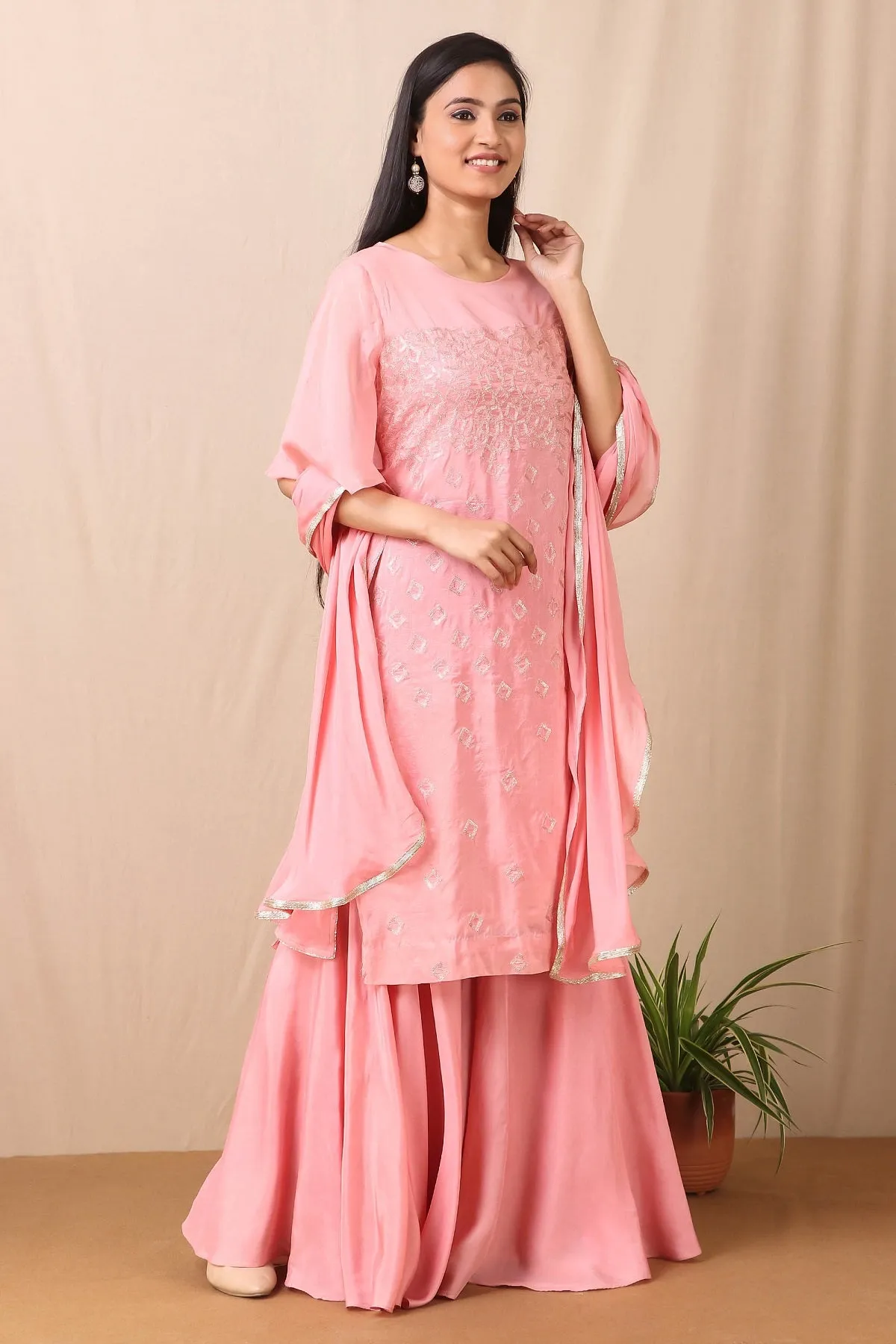 50Z417-RO Pink Upadda Silk with Satin Organza Sharara and Tabby Dupatta