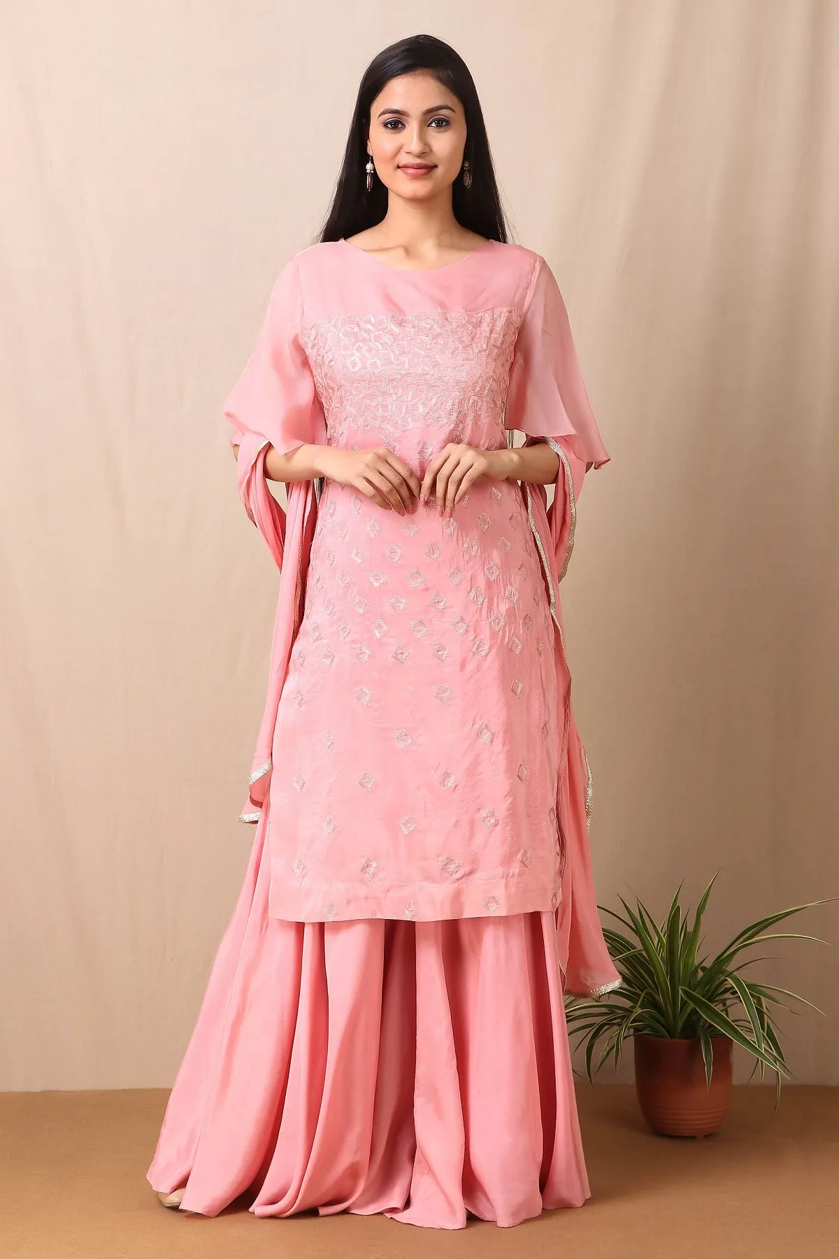 50Z417-RO Pink Upadda Silk with Satin Organza Sharara and Tabby Dupatta