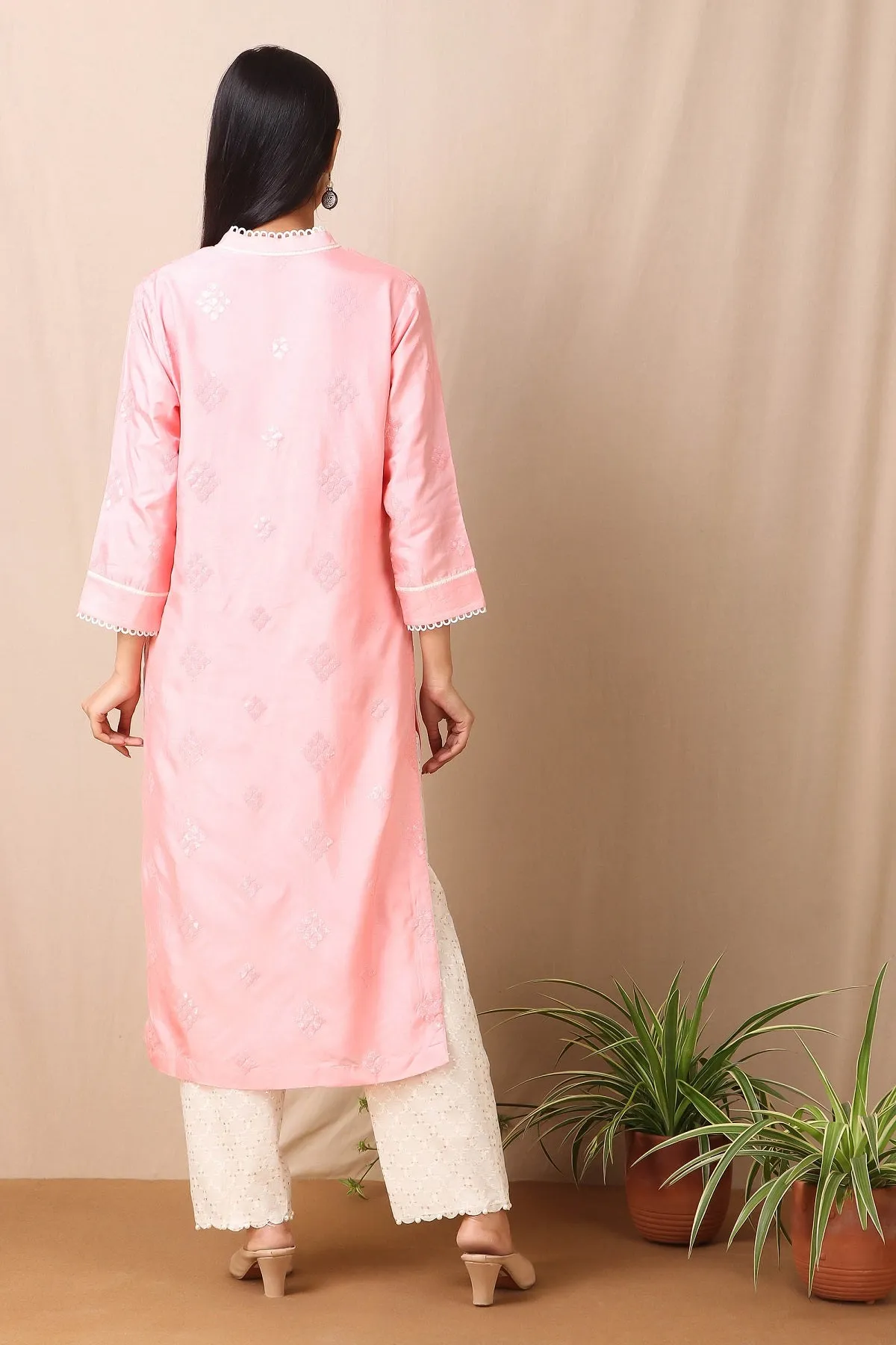 50Z419-RO Pink Upadda Silk Kurta with Tonal Sequins Motifs and Cotton Stretch Pant