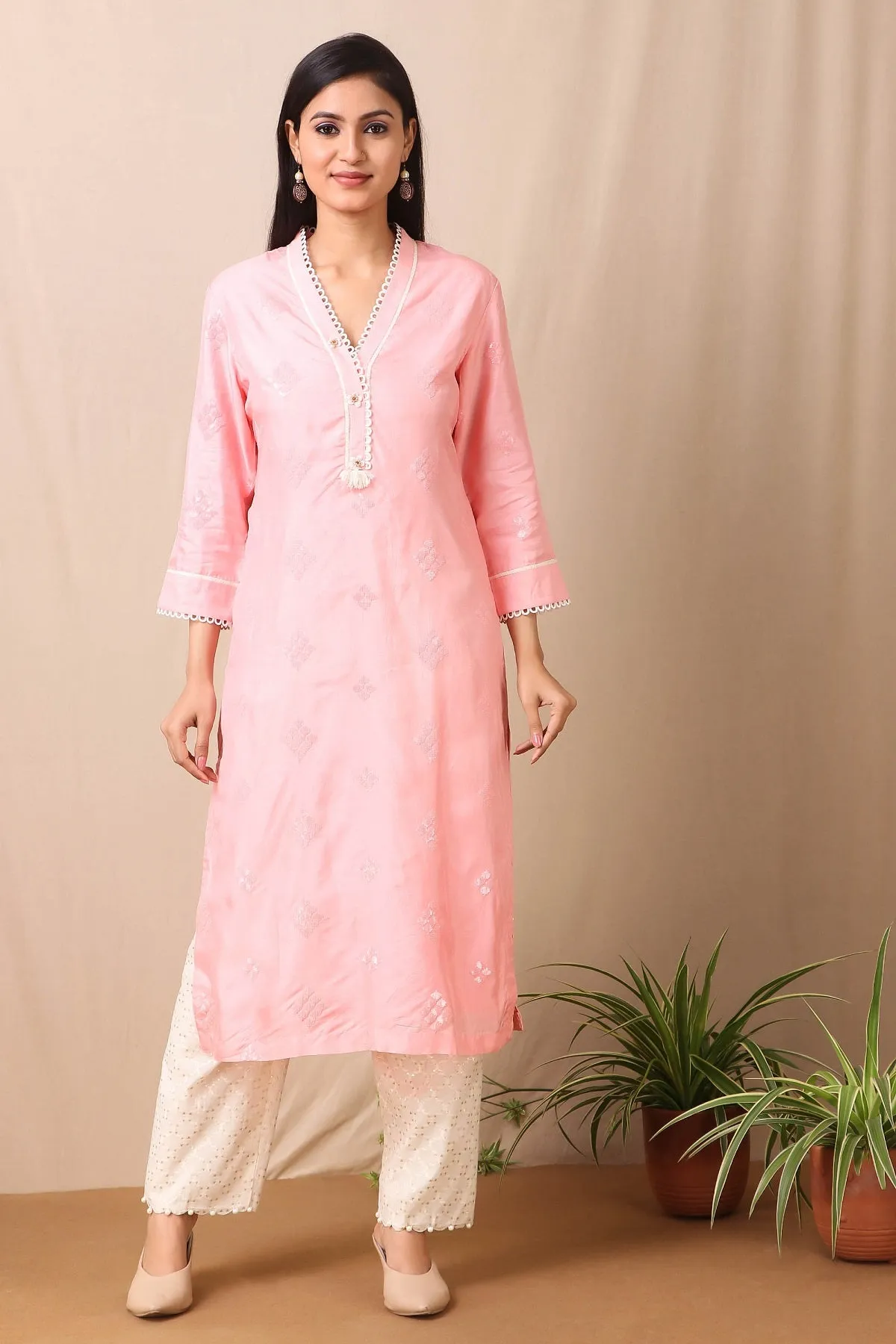 50Z419-RO Pink Upadda Silk Kurta with Tonal Sequins Motifs and Cotton Stretch Pant