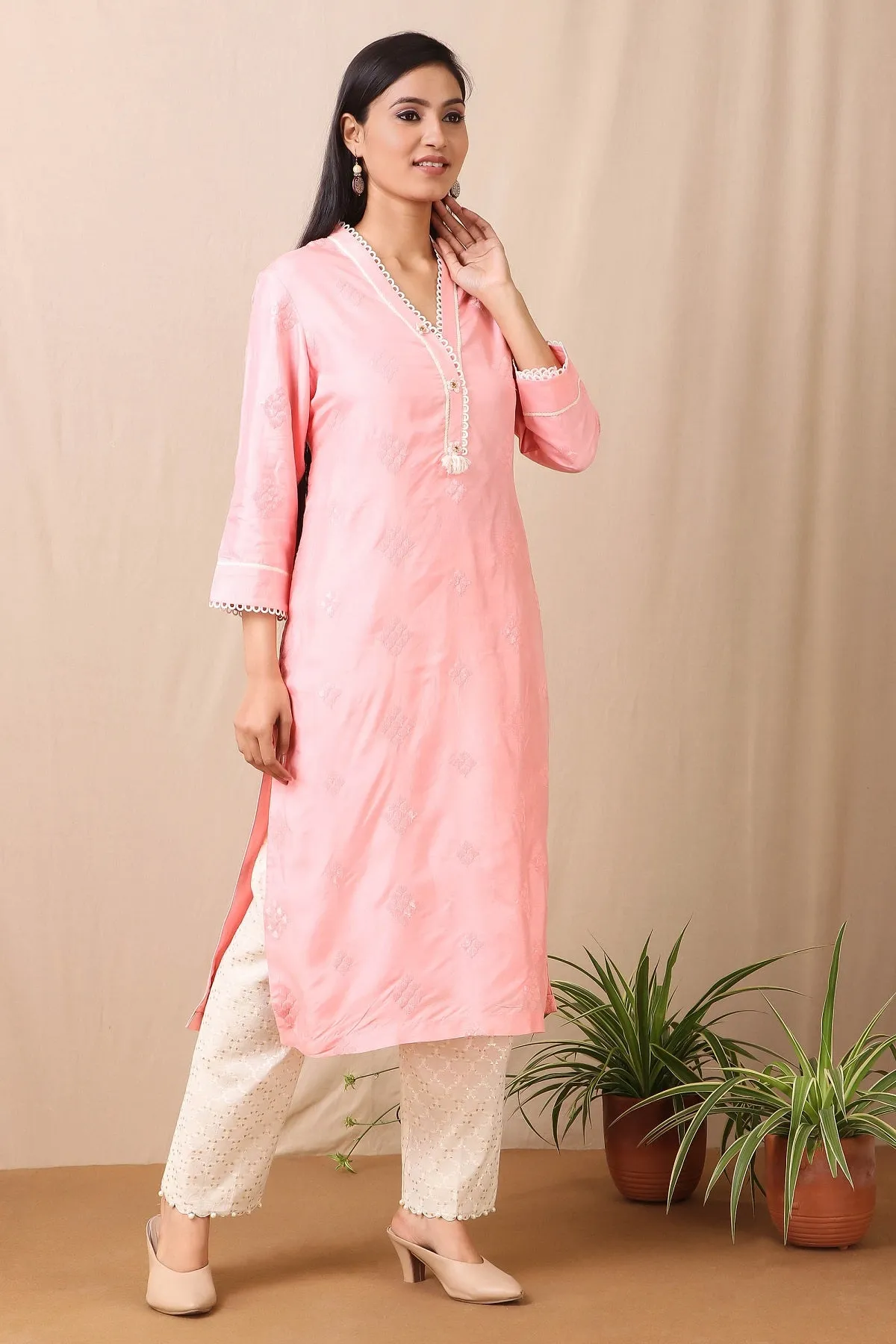 50Z419-RO Pink Upadda Silk Kurta with Tonal Sequins Motifs and Cotton Stretch Pant