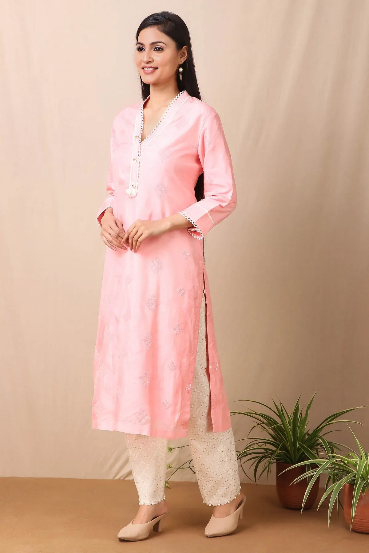 50Z419-RO Pink Upadda Silk Kurta with Tonal Sequins Motifs and Cotton Stretch Pant