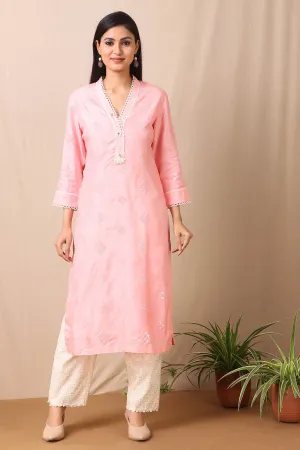50Z419-RO Pink Upadda Silk Kurta with Tonal Sequins Motifs and Cotton Stretch Pant