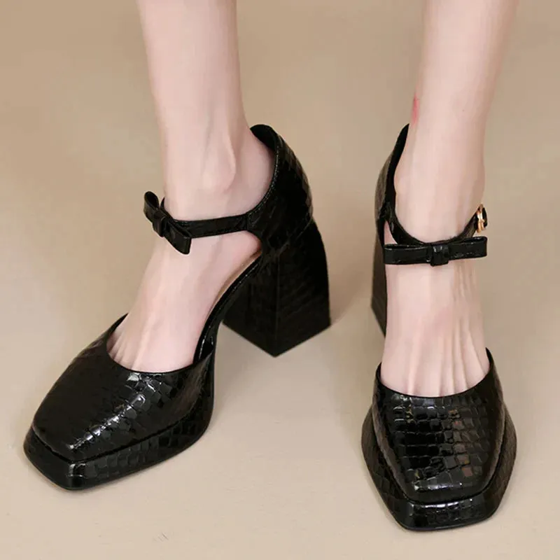 AMOZAE- - Elegant Square Toe Platform Pumps Women's Patent Leather