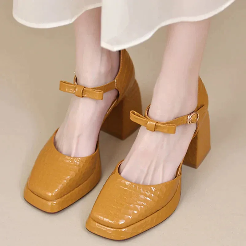 AMOZAE- - Elegant Square Toe Platform Pumps Women's Patent Leather