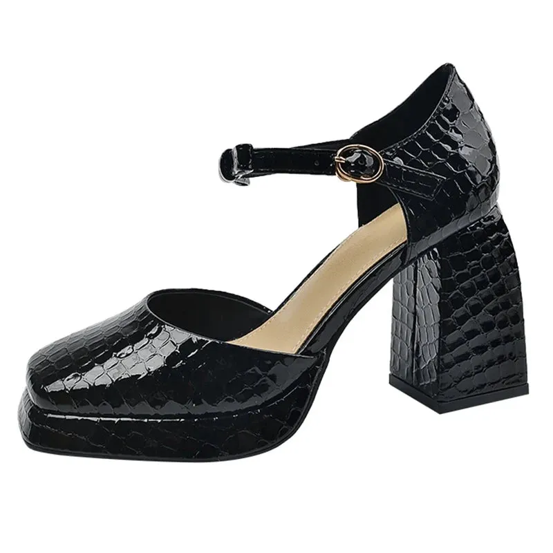AMOZAE- - Elegant Square Toe Platform Pumps Women's Patent Leather