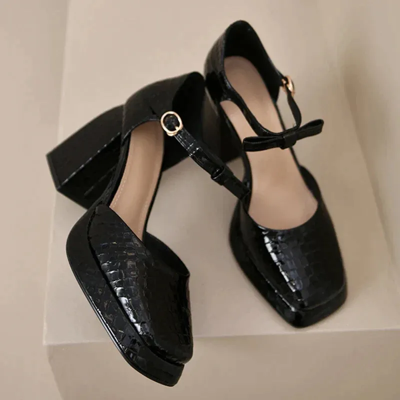AMOZAE- - Elegant Square Toe Platform Pumps Women's Patent Leather