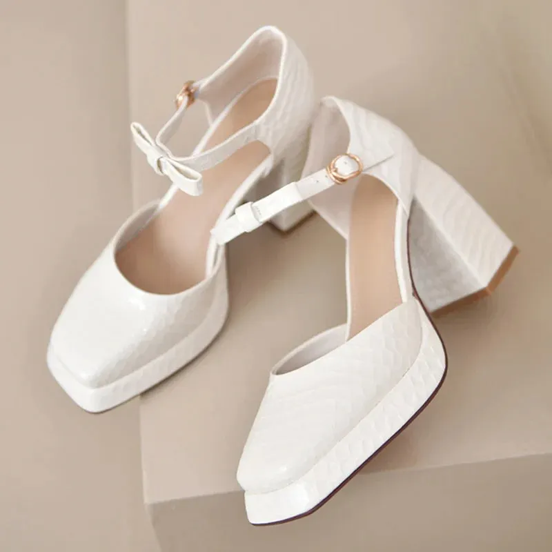 AMOZAE- - Elegant Square Toe Platform Pumps Women's Patent Leather
