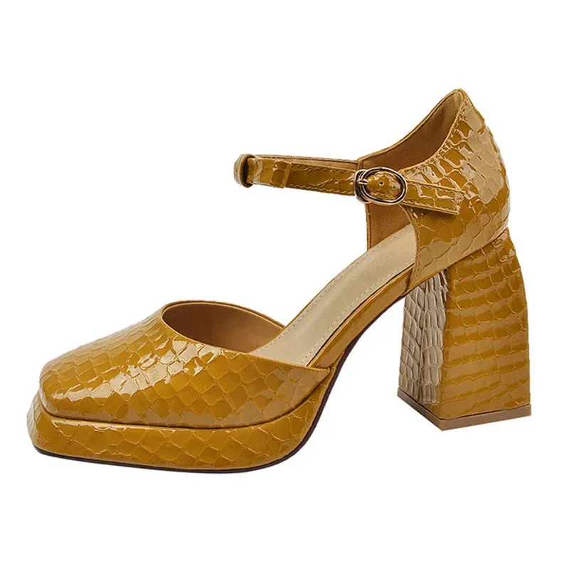 AMOZAE- - Elegant Square Toe Platform Pumps Women's Patent Leather