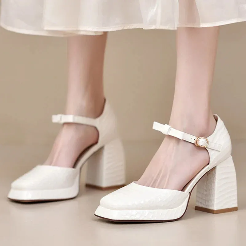 AMOZAE- - Elegant Square Toe Platform Pumps Women's Patent Leather