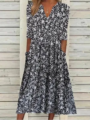 Casual Dress Sheath Dress Floral Dress Midi Dress Black Half Sleeve Floral Ruched Spring Summer V Neck Casual Weekend  S M L XL XXL 3XL for Women