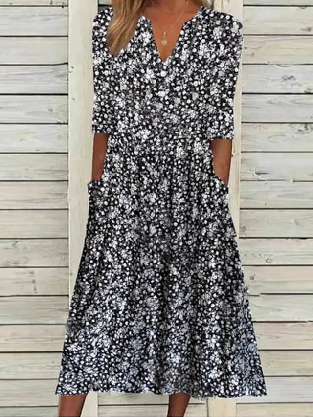 Casual Dress Sheath Dress Floral Dress Midi Dress Black Half Sleeve Floral Ruched Spring Summer V Neck Casual Weekend  S M L XL XXL 3XL for Women