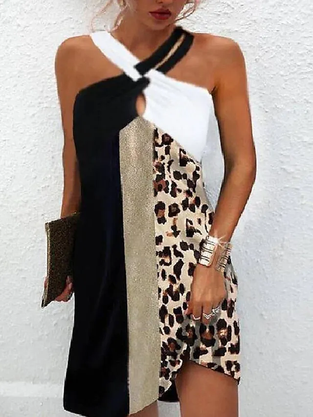 Casual Dress Shift Dress Sundress Mini Dress Black white grey Leopard pattern Black White Sleeveless Color Block Print Summer Spring Halter Fashion  S M L XL XXL XXXL for Women