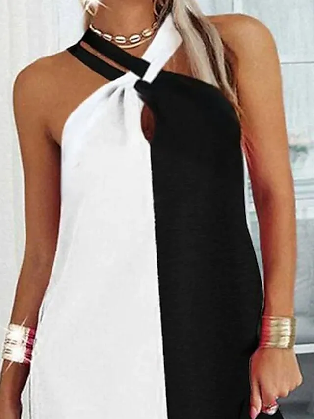 Casual Dress Shift Dress Sundress Mini Dress Black white grey Leopard pattern Black White Sleeveless Color Block Print Summer Spring Halter Fashion  S M L XL XXL XXXL for Women