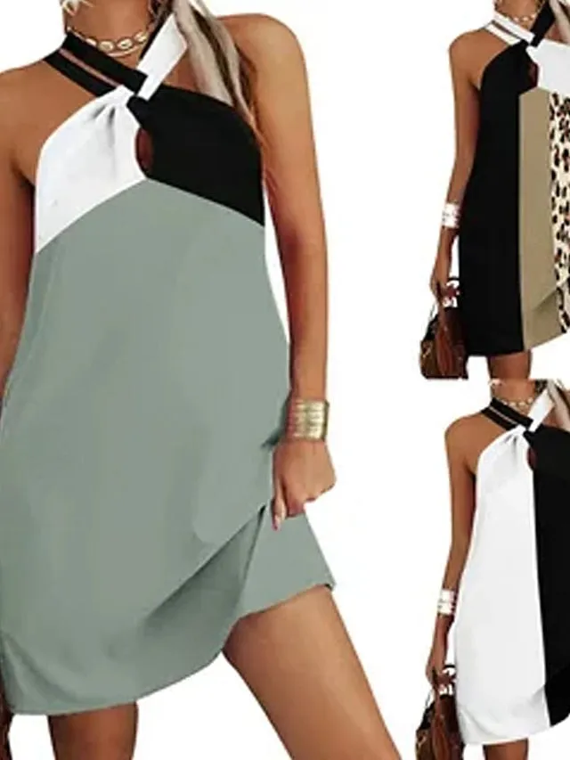Casual Dress Shift Dress Sundress Mini Dress Black white grey Leopard pattern Black White Sleeveless Color Block Print Summer Spring Halter Fashion  S M L XL XXL XXXL for Women