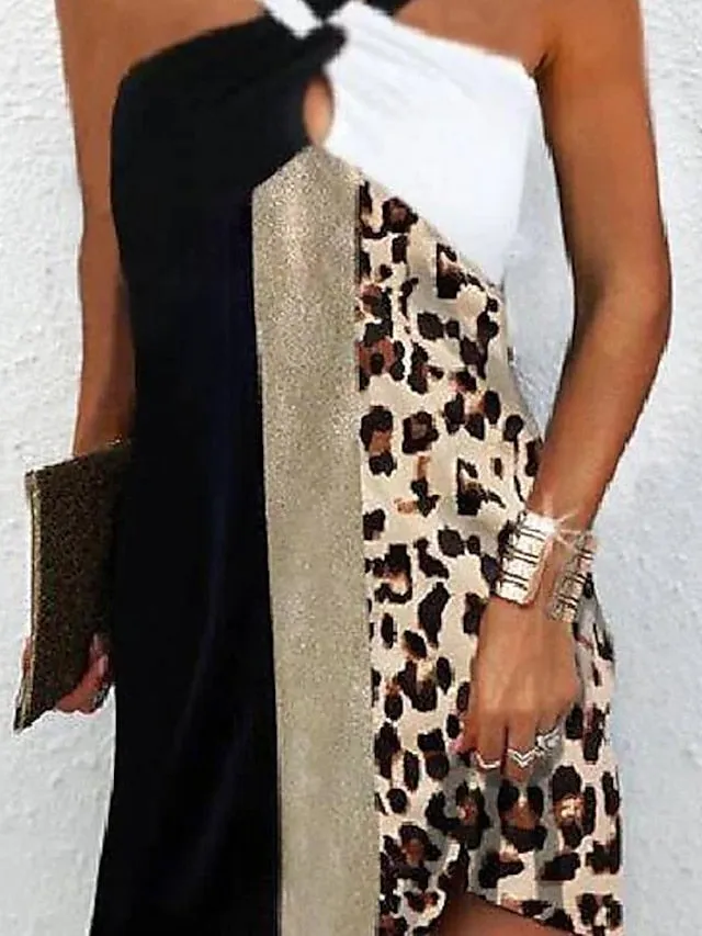 Casual Dress Shift Dress Sundress Mini Dress Black white grey Leopard pattern Black White Sleeveless Color Block Print Summer Spring Halter Fashion  S M L XL XXL XXXL for Women