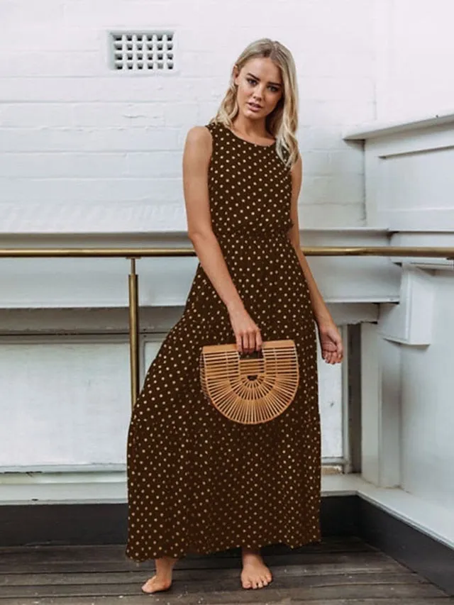 Casual Dress Swing Dress Boho Dress Maxi long Dress Black Yellow Navy Blue Sleeveless Polka Dot Ruched Summer Spring Fall Crew Neck Fashion Birthday Vacation Summer Dress  S M L XL XXL for Women