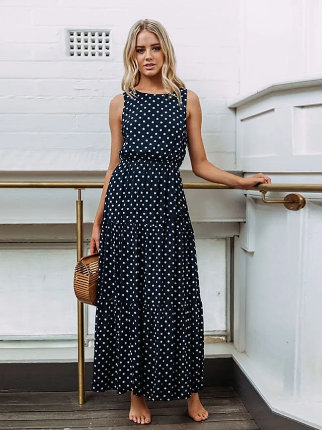 Casual Dress Swing Dress Boho Dress Maxi long Dress Black Yellow Navy Blue Sleeveless Polka Dot Ruched Summer Spring Fall Crew Neck Fashion Birthday Vacation Summer Dress  S M L XL XXL for Women
