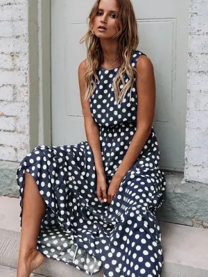 Casual Dress Swing Dress Boho Dress Maxi long Dress Black Yellow Navy Blue Sleeveless Polka Dot Ruched Summer Spring Fall Crew Neck Fashion Birthday Vacation Summer Dress  S M L XL XXL for Women