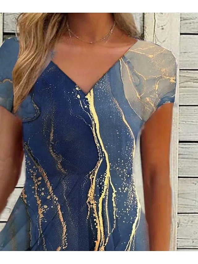Casual Dress Swing Dress Sundress Midi Dress Blue Short Sleeve Print Print Summer Spring V Neck Fashion Wedding Guest Vacation Summer Dress  S M L XL XXL 3XL for Women