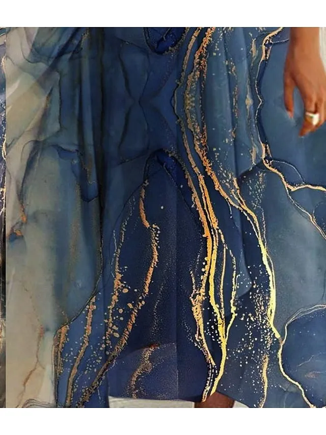 Casual Dress Swing Dress Sundress Midi Dress Blue Short Sleeve Print Print Summer Spring V Neck Fashion Wedding Guest Vacation Summer Dress  S M L XL XXL 3XL for Women