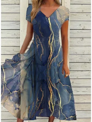 Casual Dress Swing Dress Sundress Midi Dress Blue Short Sleeve Print Print Summer Spring V Neck Fashion Wedding Guest Vacation Summer Dress  S M L XL XXL 3XL for Women