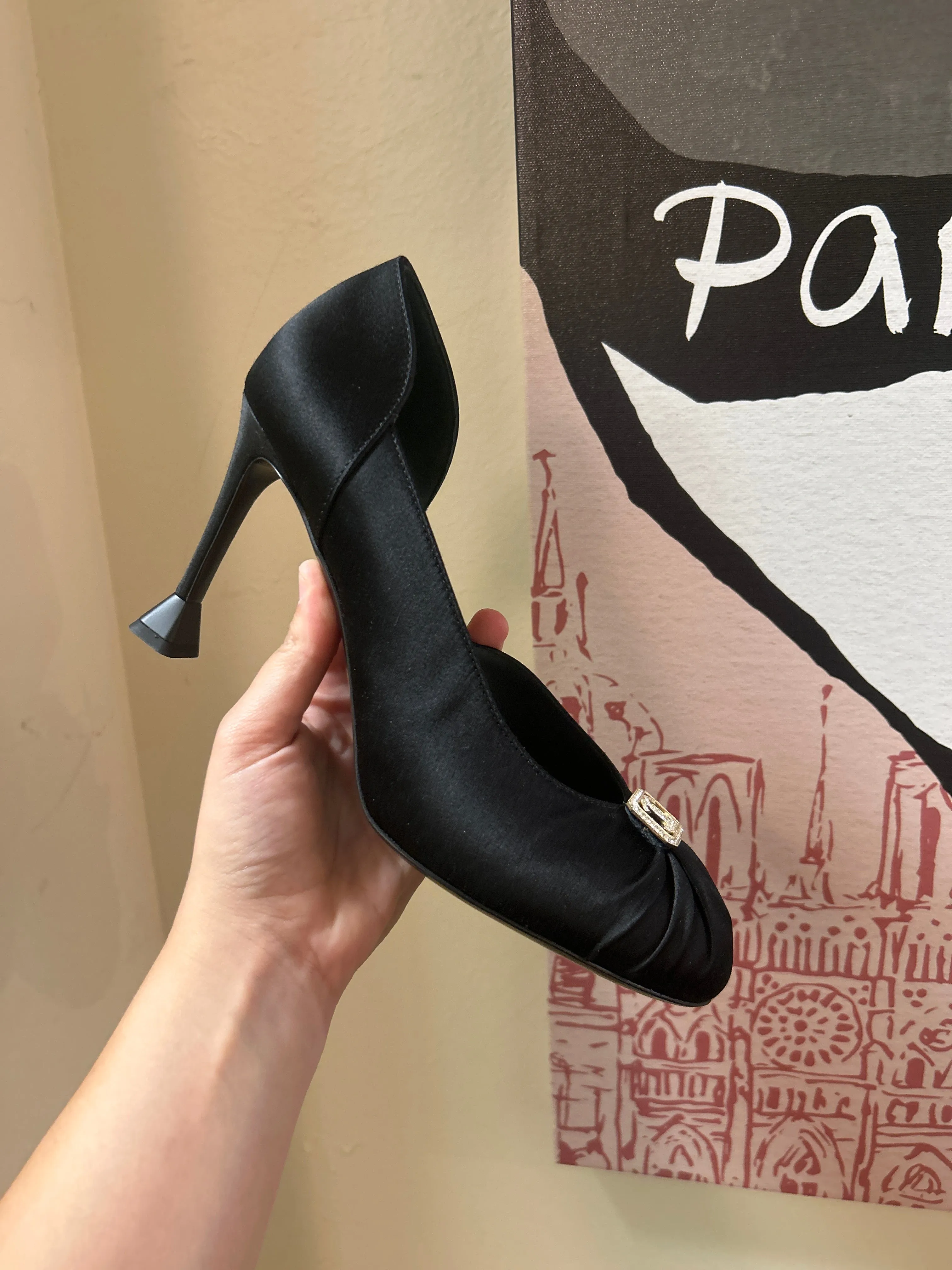 Chanel Shoes, Black Satin Pumps (size 39.5)