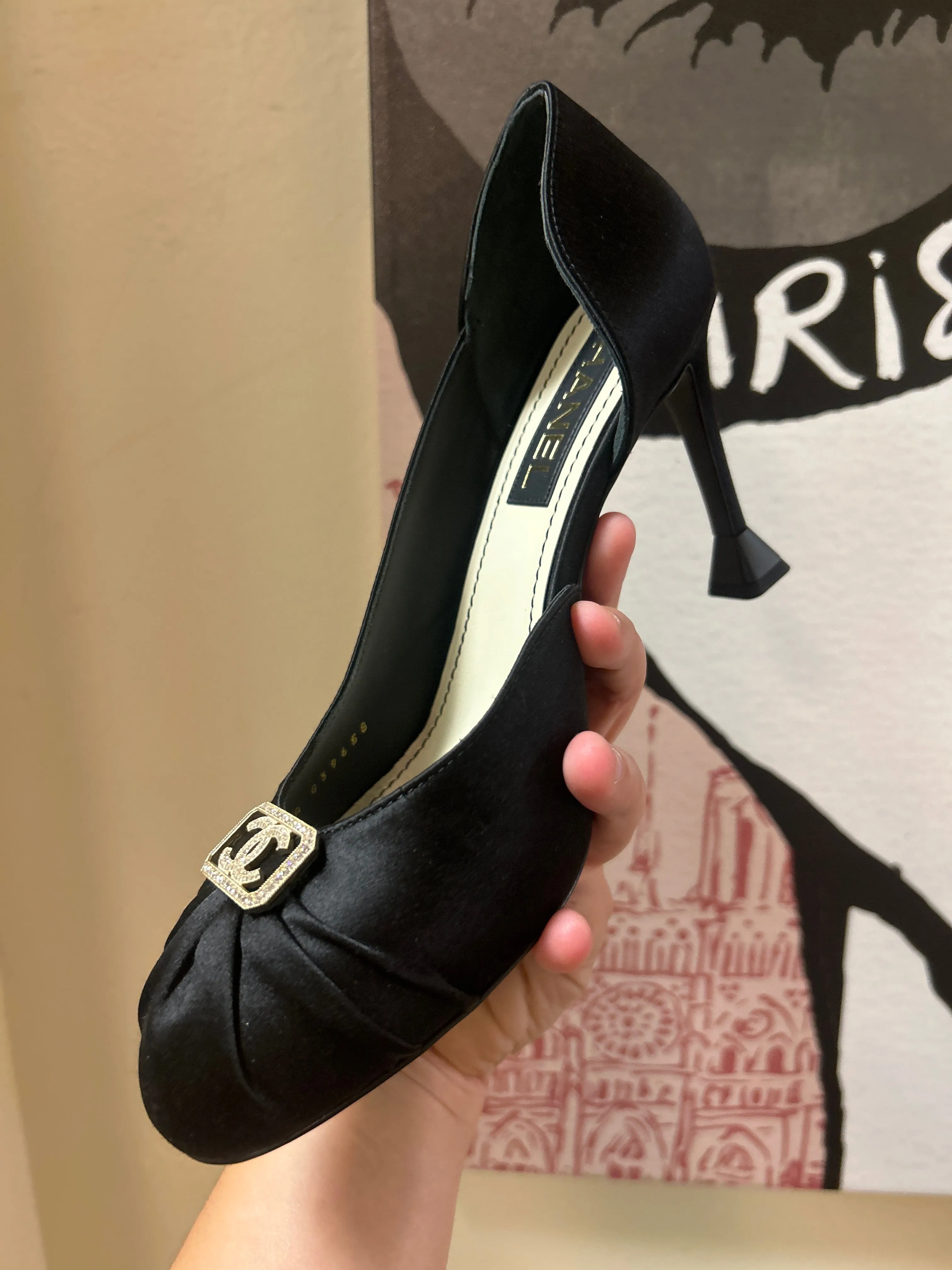 Chanel Shoes, Black Satin Pumps (size 39.5)