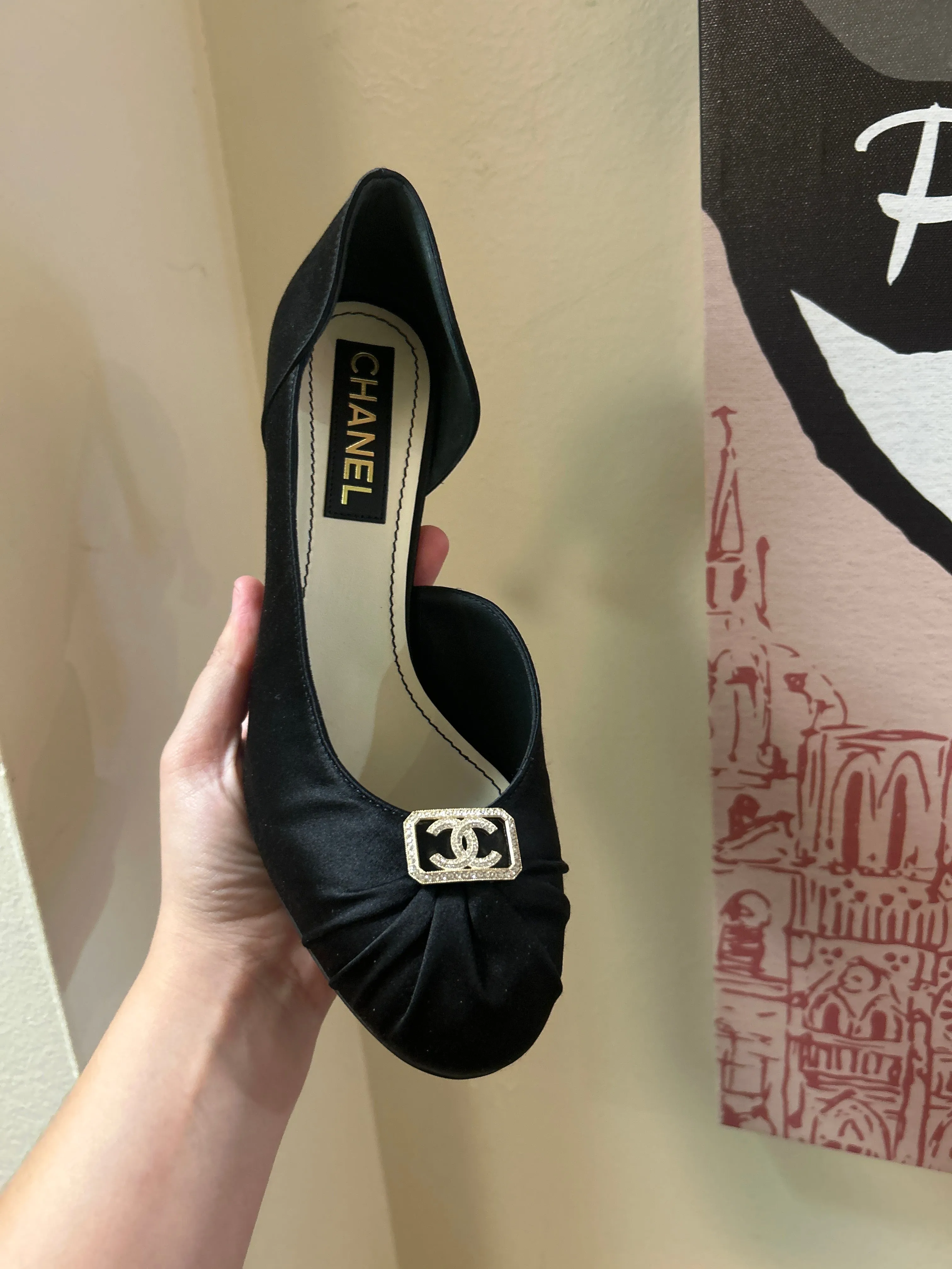 Chanel Shoes, Black Satin Pumps (size 39.5)