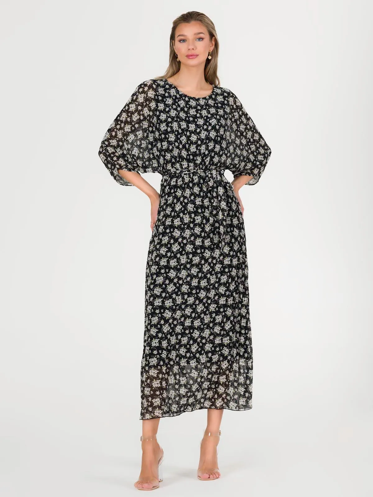 Chiffon Pleated Batwing Sleeve Maxi Dress, Black Floral