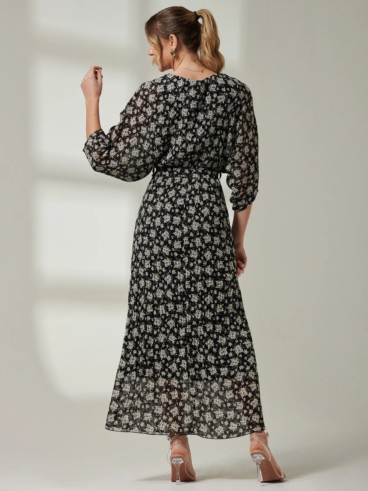 Chiffon Pleated Batwing Sleeve Maxi Dress, Black Floral
