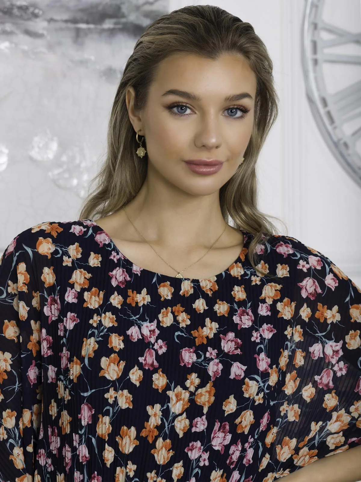 Chiffon Pleated Batwing Sleeve Maxi Dress, Navy Floral