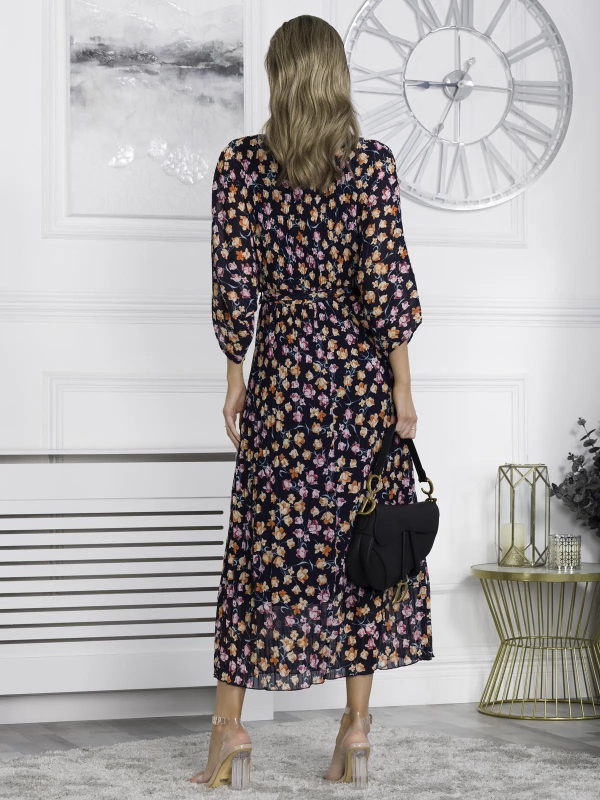 Chiffon Pleated Batwing Sleeve Maxi Dress, Navy Floral