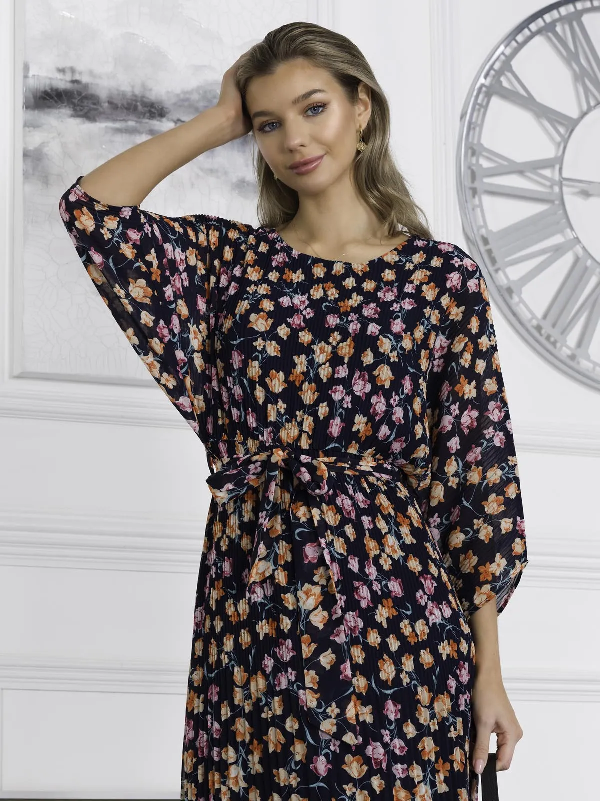 Chiffon Pleated Batwing Sleeve Maxi Dress, Navy Floral