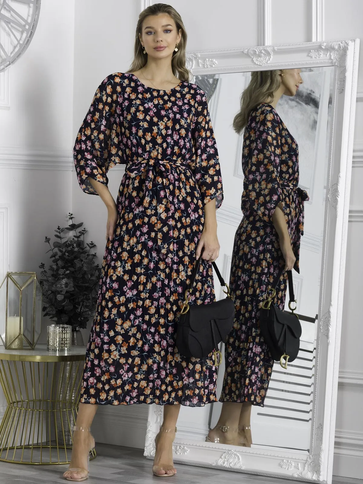 Chiffon Pleated Batwing Sleeve Maxi Dress, Navy Floral