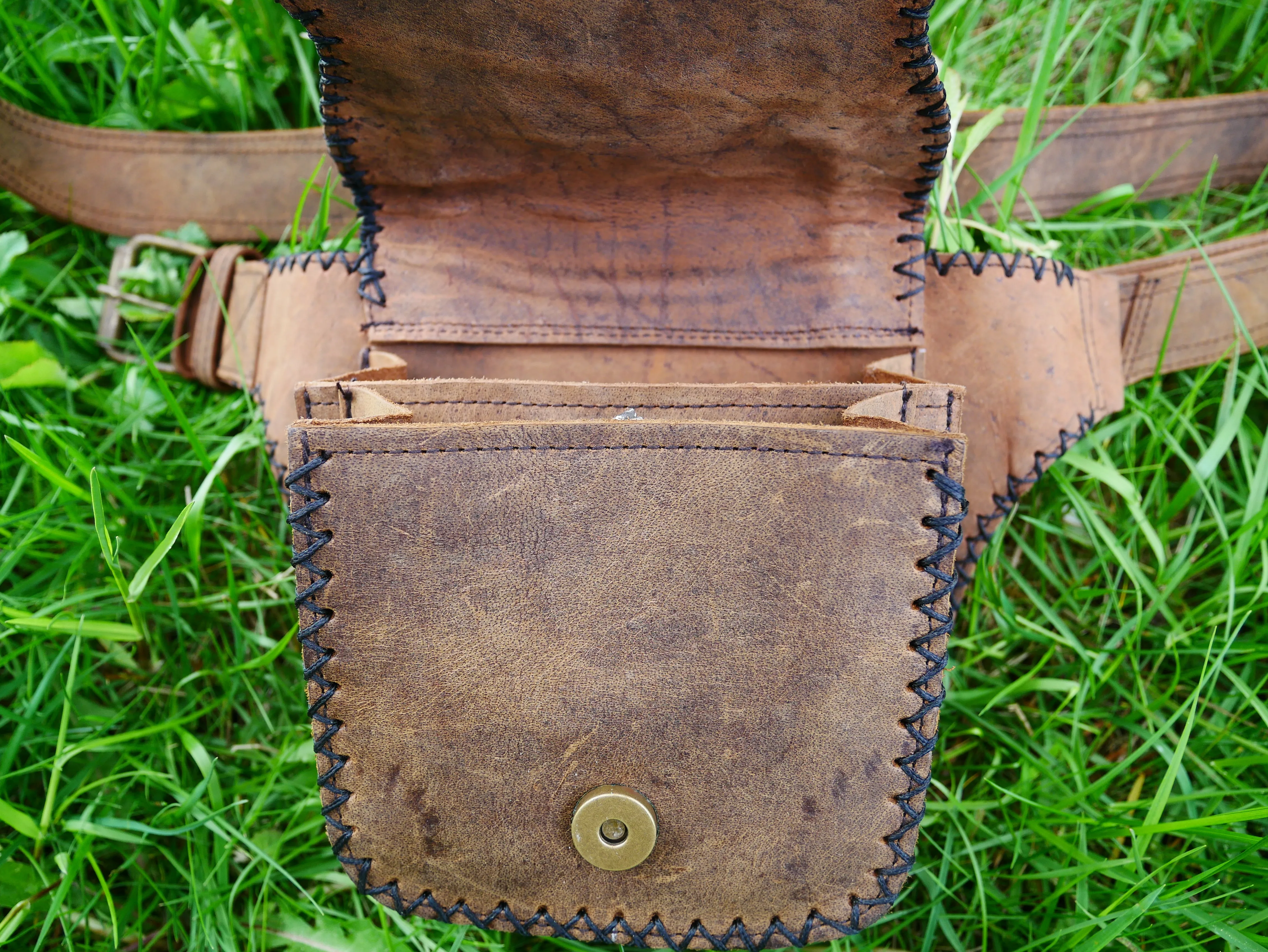 Handmade leather hip bag - waist bag with real gem stone and hook closure