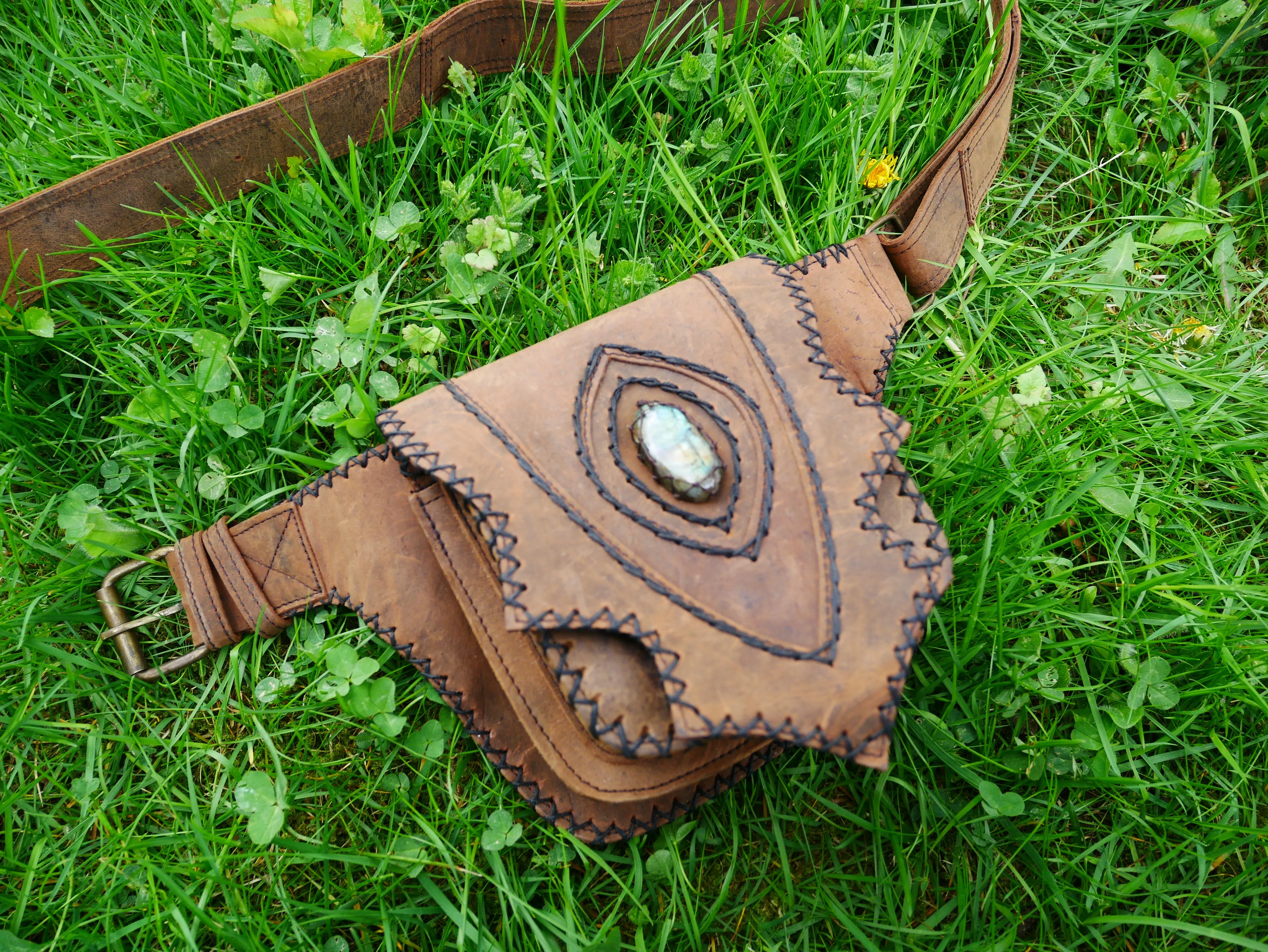 Handmade leather hip bag - waist bag with real gem stone and hook closure