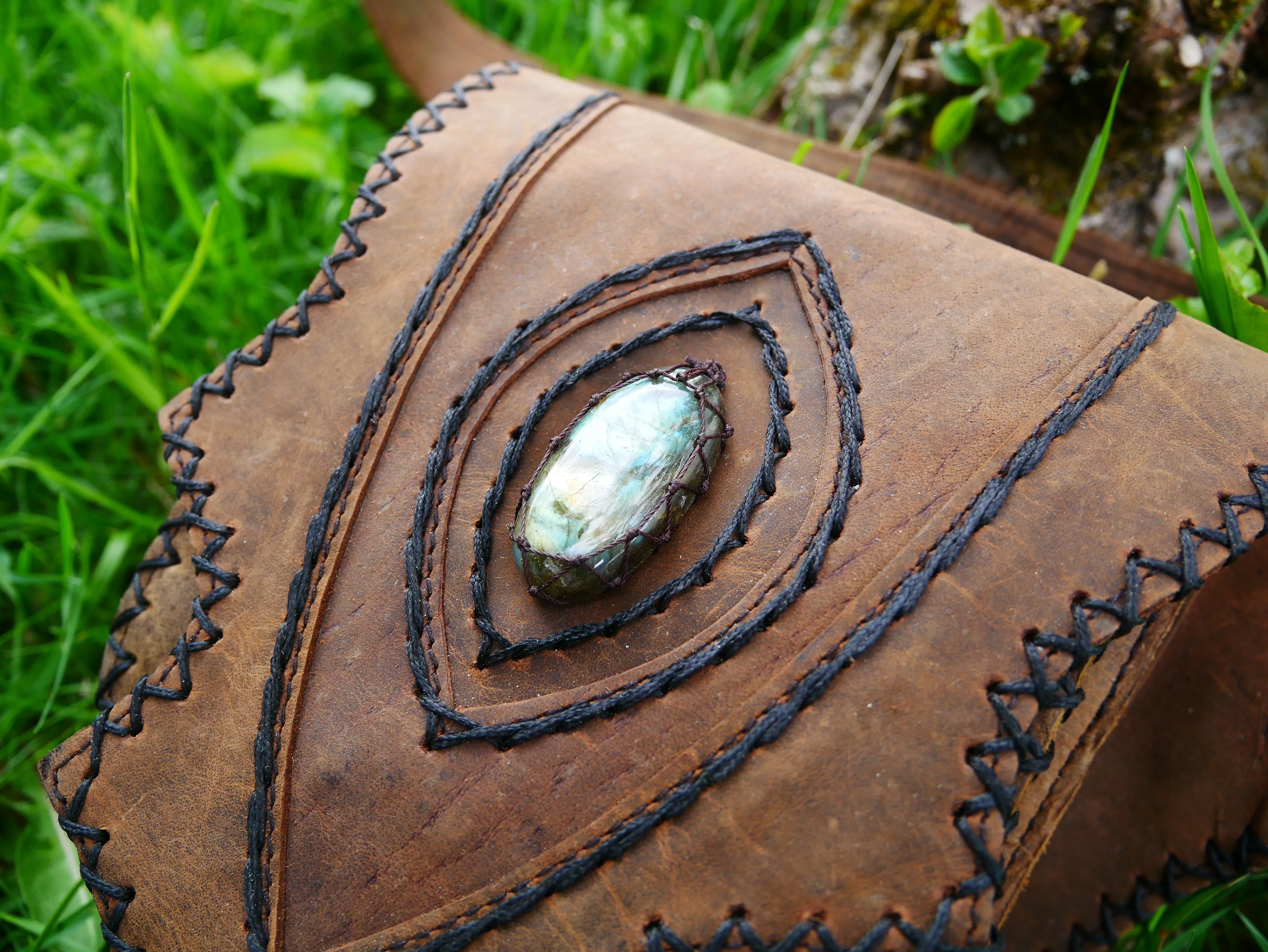 Handmade leather hip bag - waist bag with real gem stone and hook closure