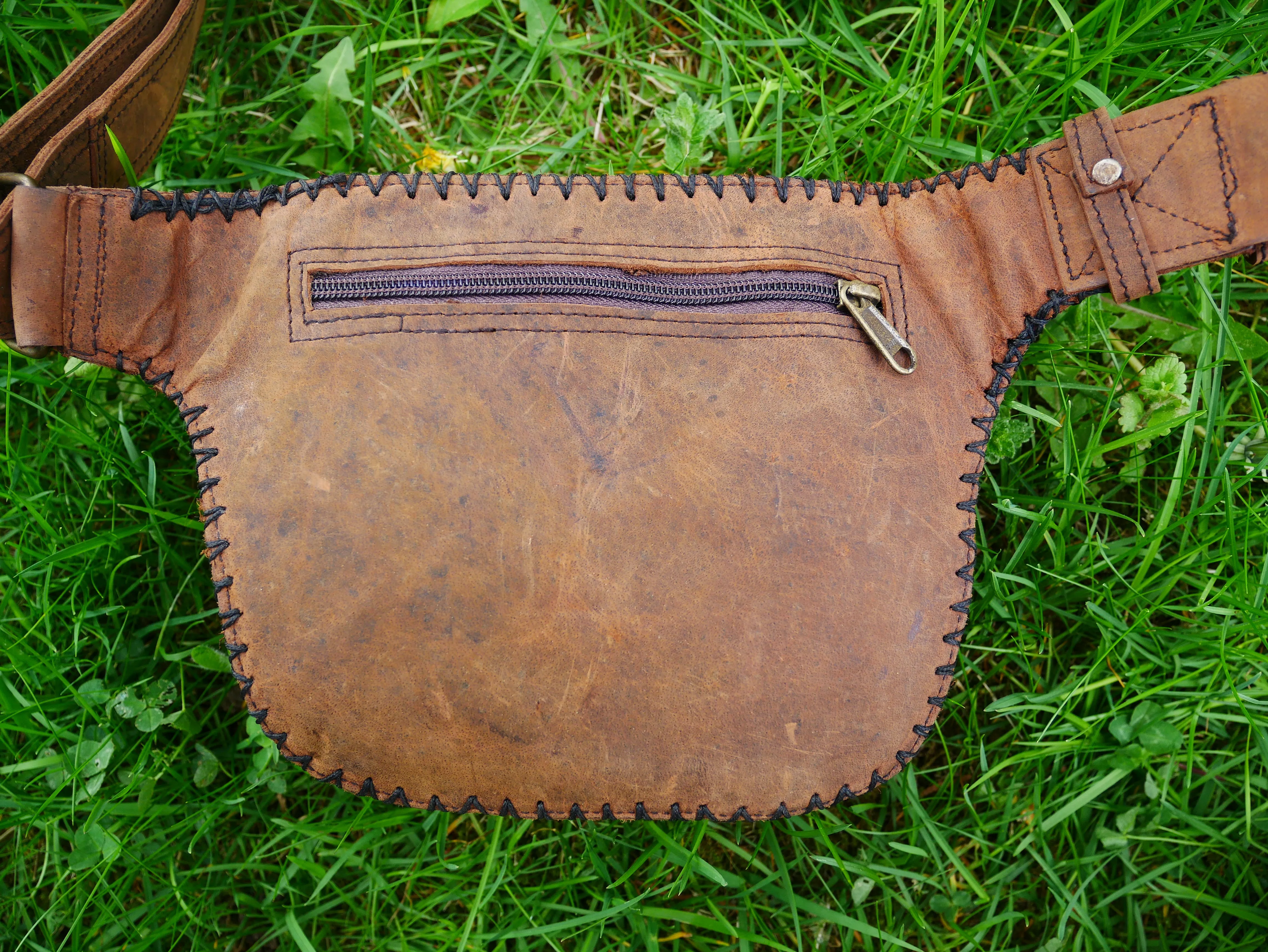 Handmade leather hip bag - waist bag with real gem stone and hook closure