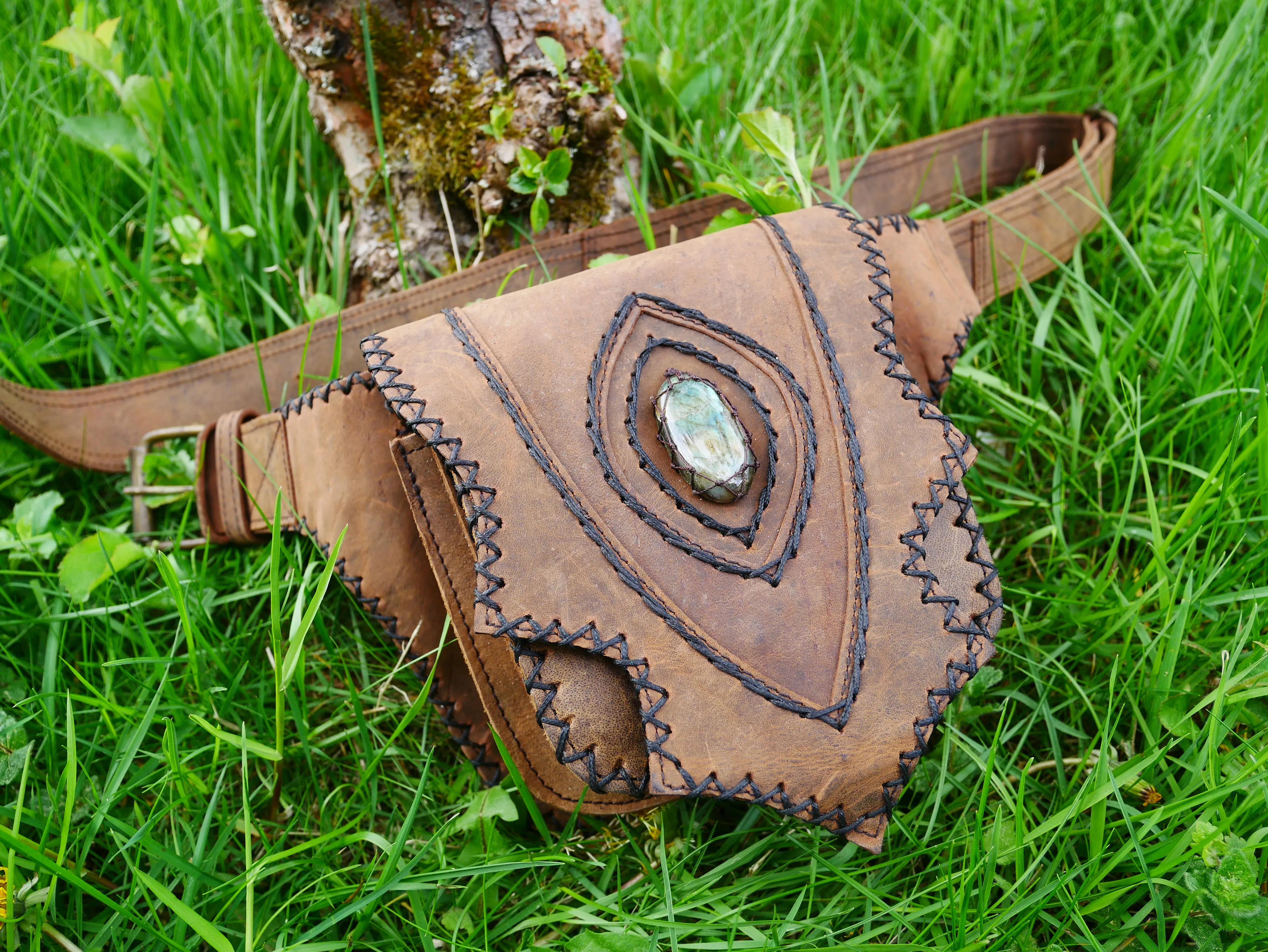 Handmade leather hip bag - waist bag with real gem stone and hook closure