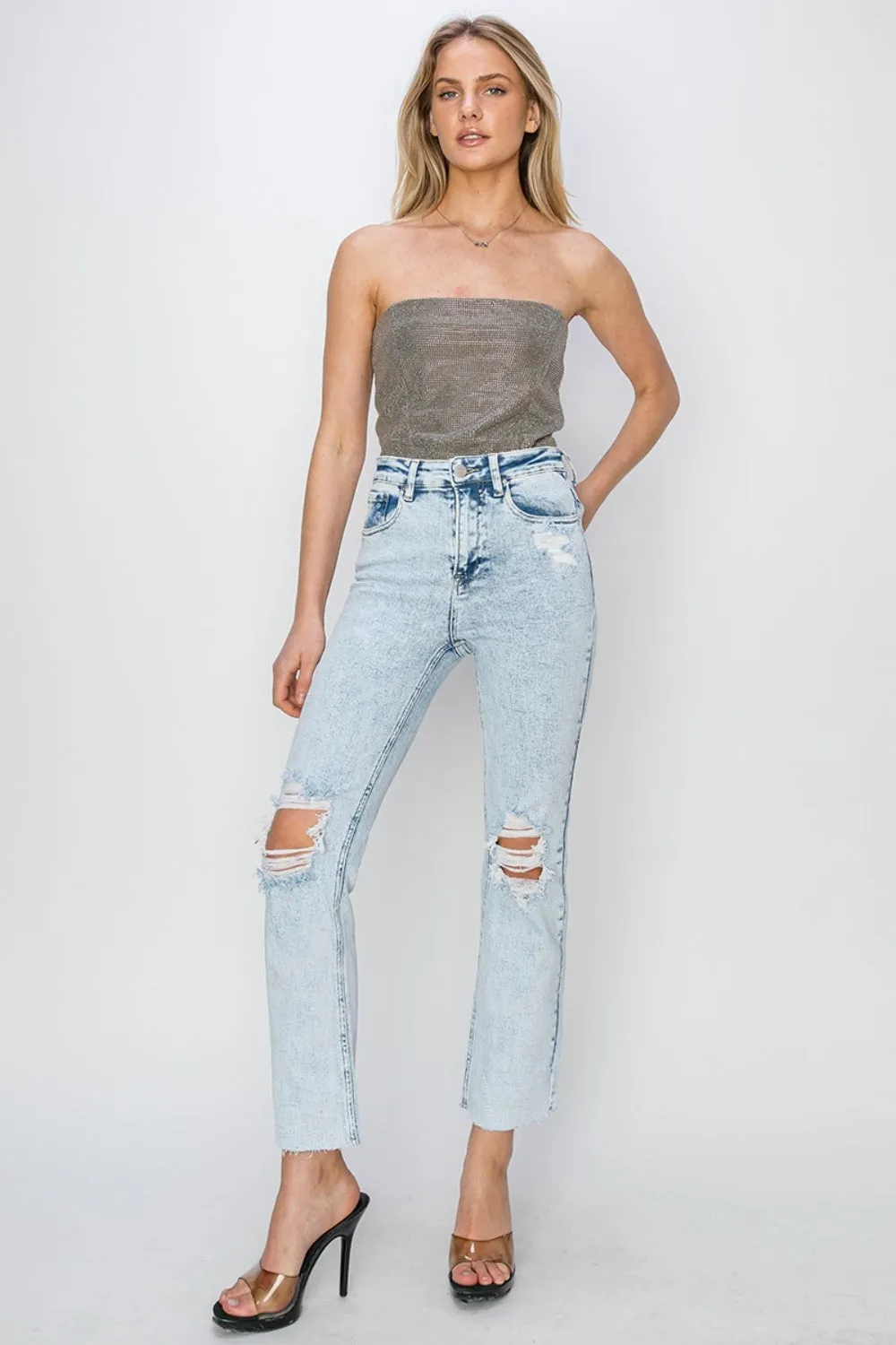 Hazel Blues® |  RISEN High Rise Distressed Ankle Jeans