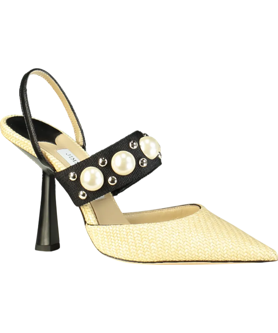 Jimmy Choo Natural raffia Breslin 100mm Pearl detail Singback Pumps UK 6.5 EU 39.5 