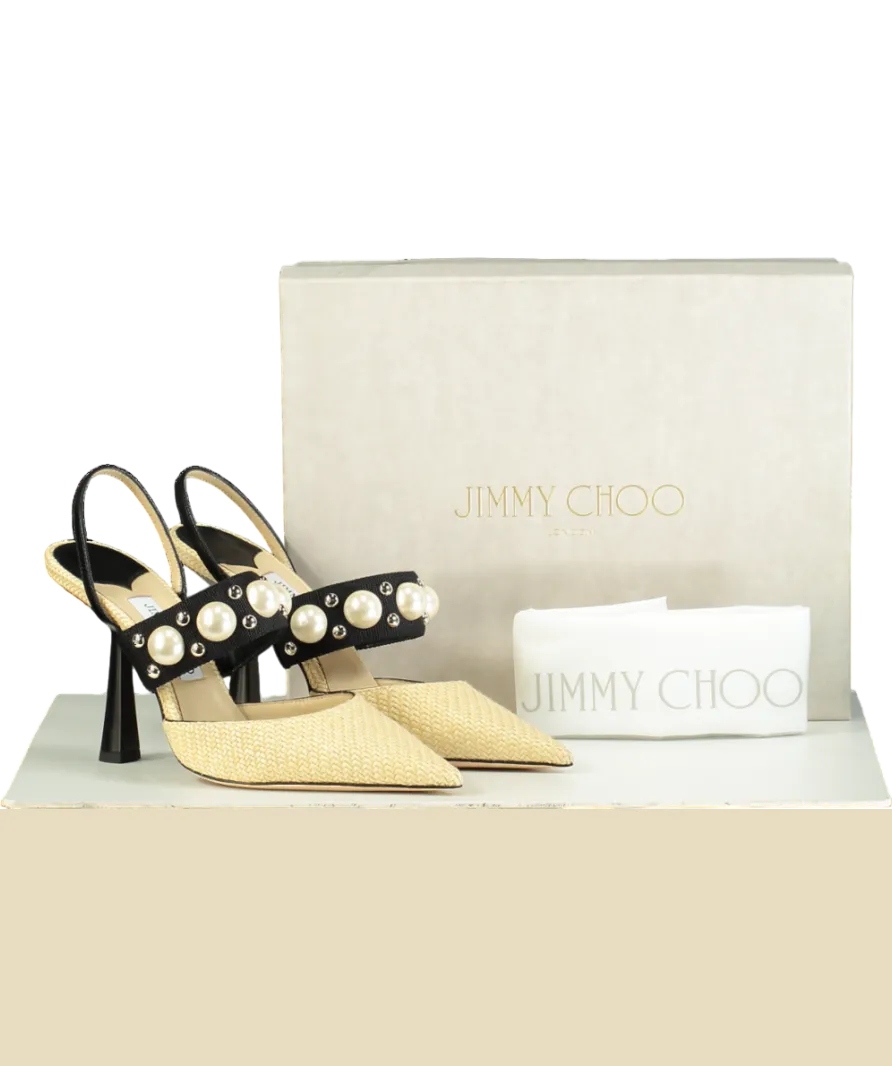 Jimmy Choo Natural raffia Breslin 100mm Pearl detail Singback Pumps UK 6.5 EU 39.5 