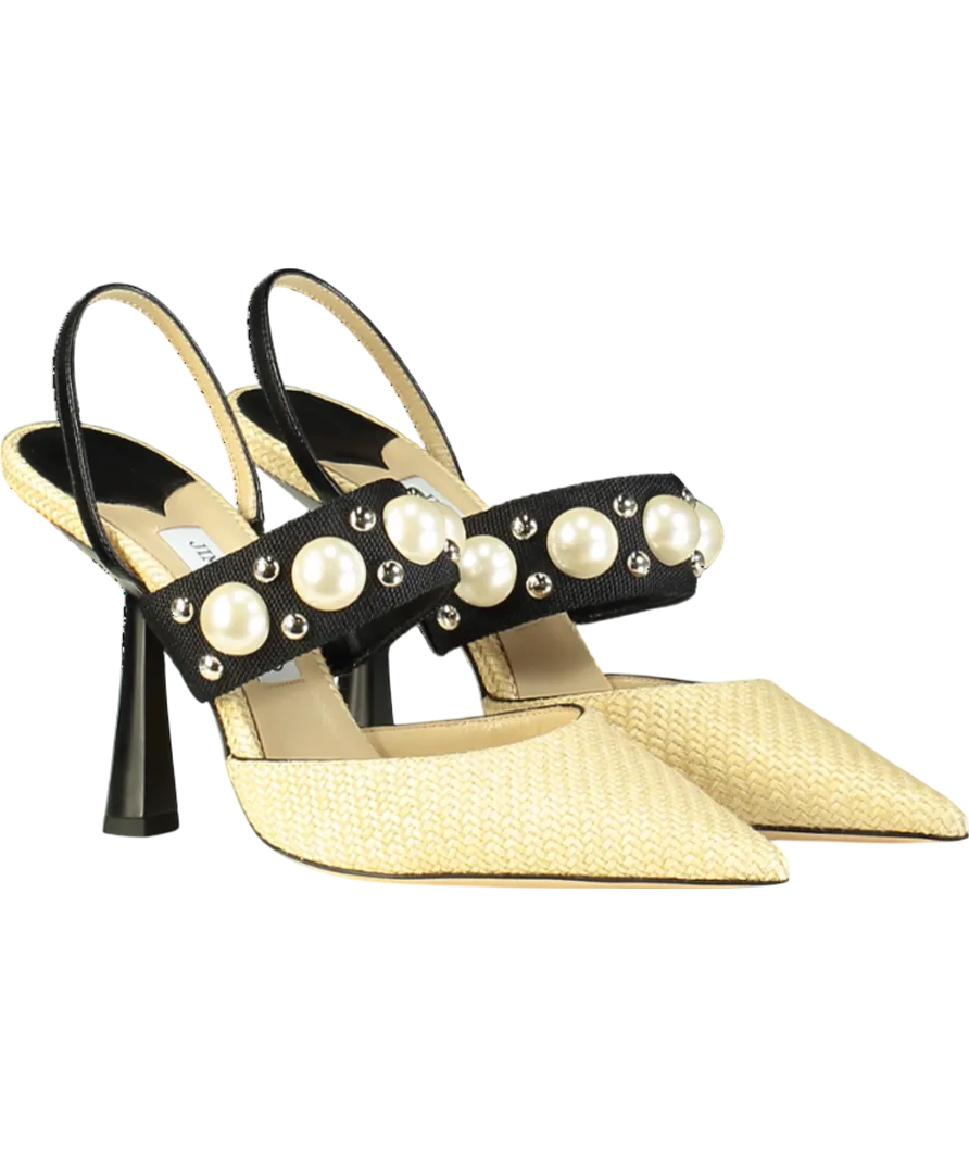 Jimmy Choo Natural raffia Breslin 100mm Pearl detail Singback Pumps UK 6.5 EU 39.5 