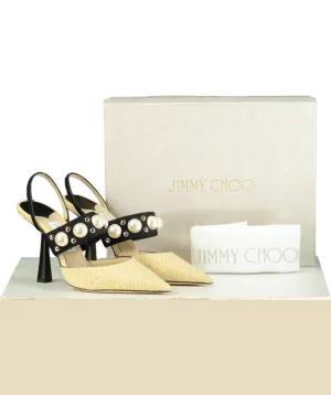 Jimmy Choo Natural raffia Breslin 100mm Pearl detail Singback Pumps UK 6.5 EU 39.5 