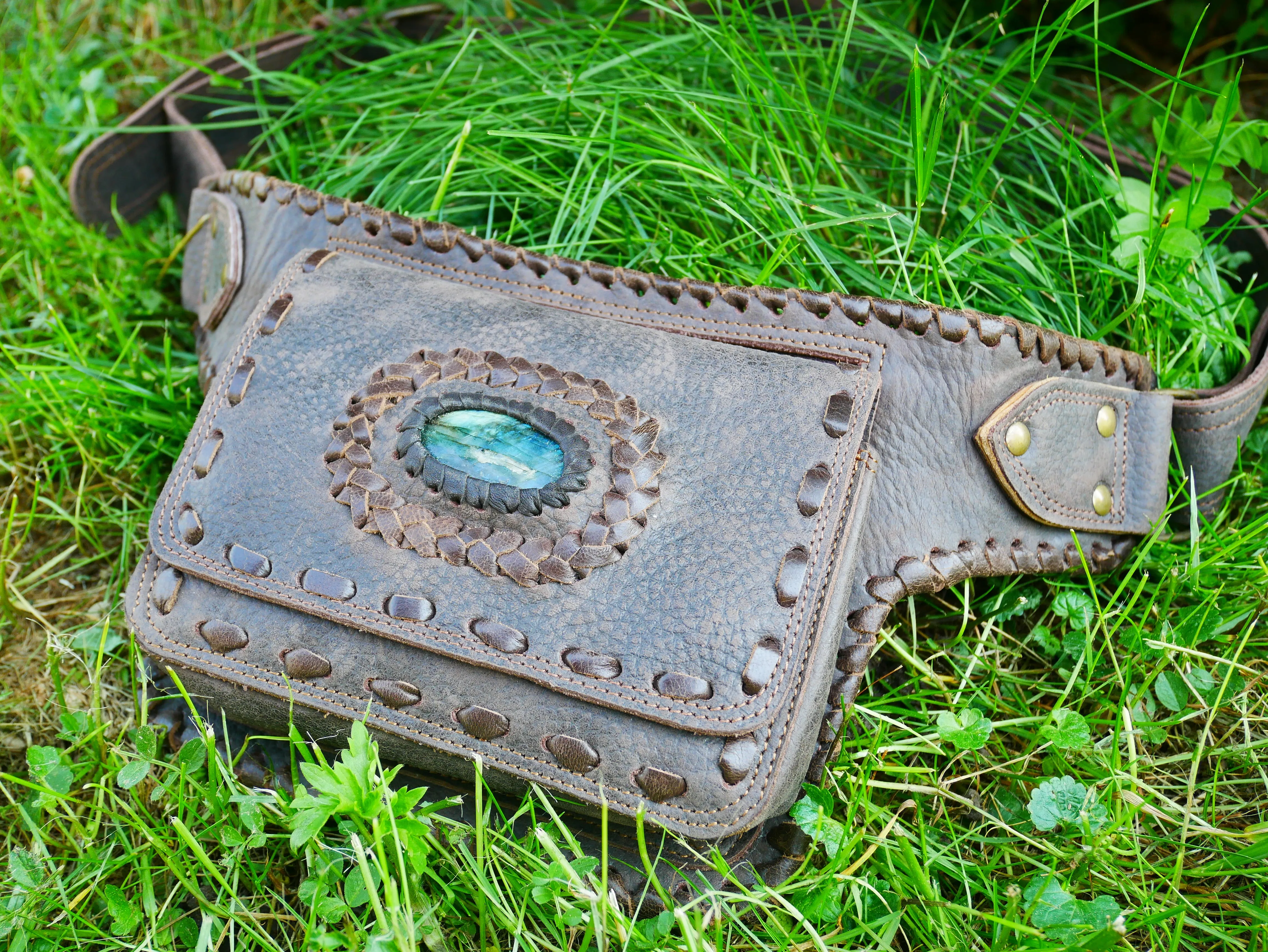 Leather belt bag - waist bag with Labradorite stone perfect for your next festival