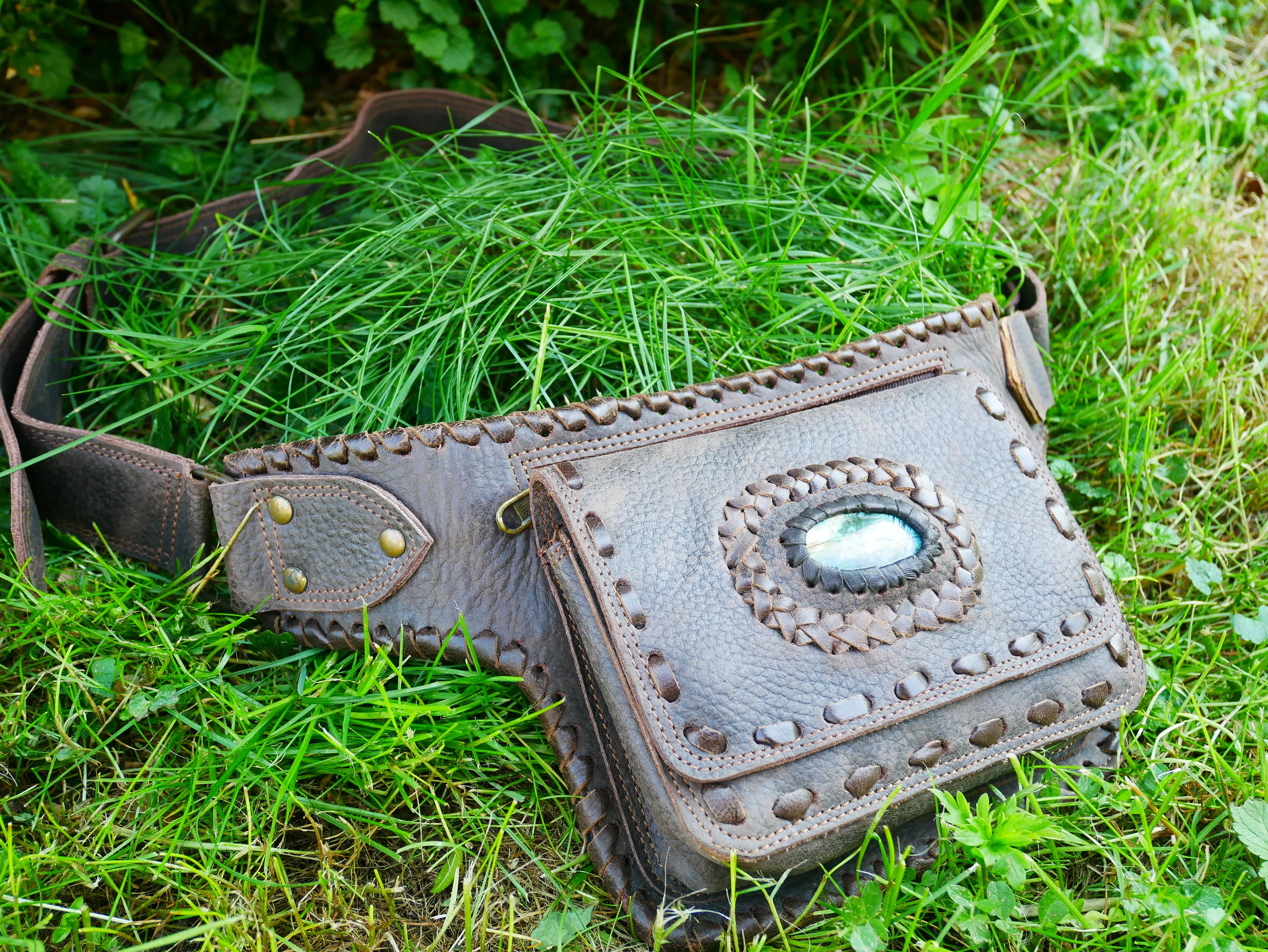 Leather belt bag - waist bag with Labradorite stone perfect for your next festival