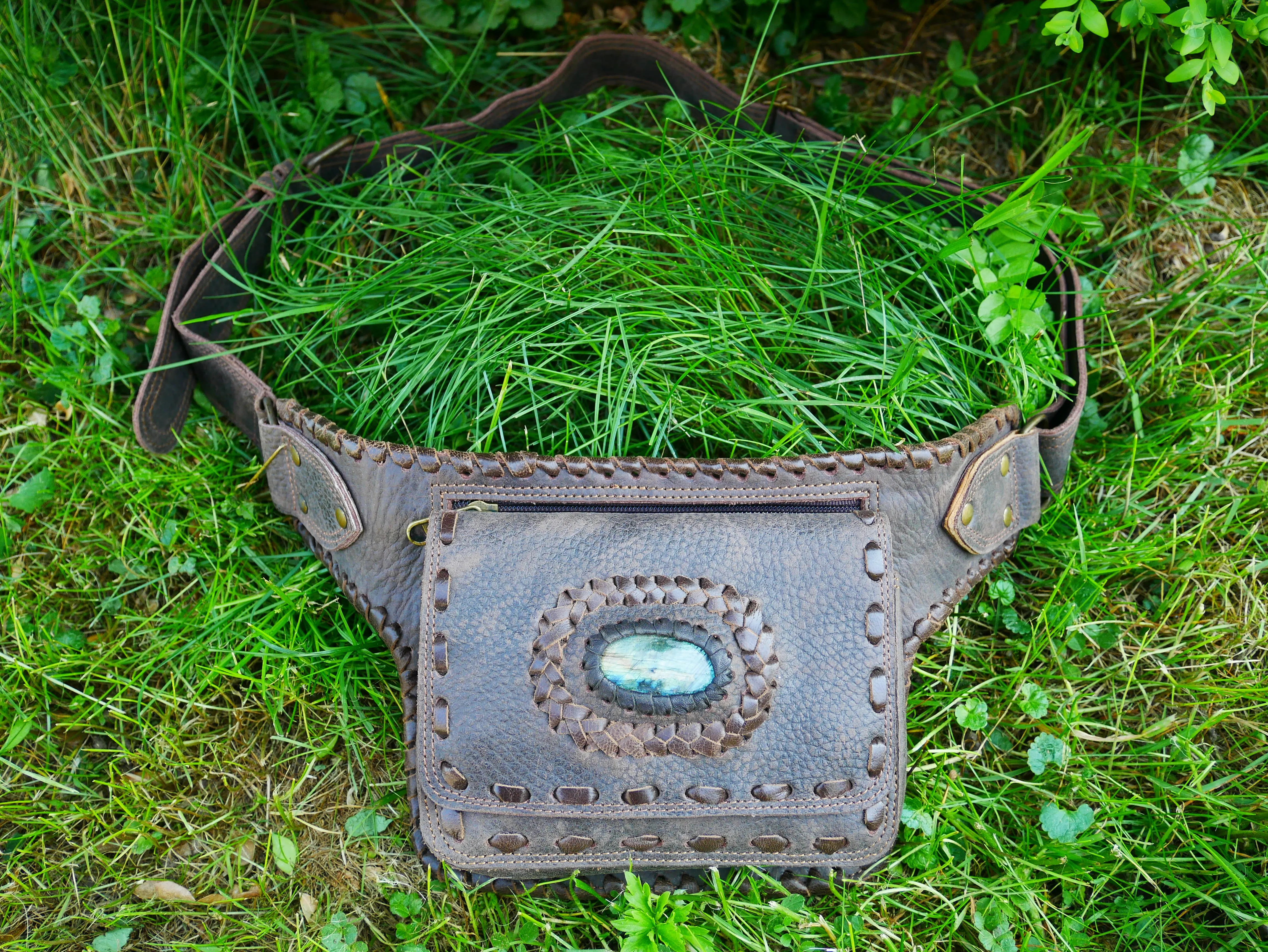Leather belt bag - waist bag with Labradorite stone perfect for your next festival