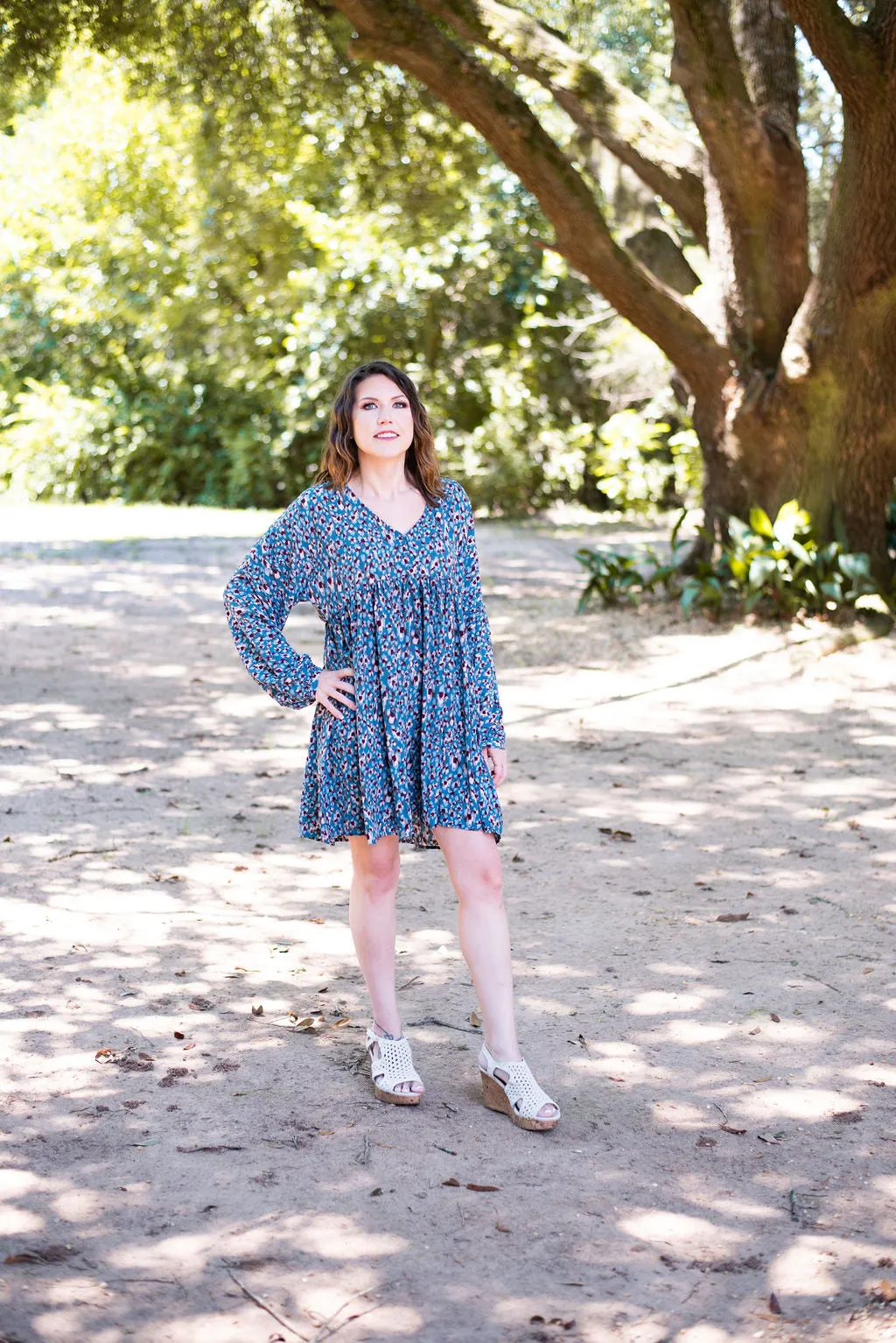 Long Sleeve Animal Print Babydoll Dress by Umgee Clothing